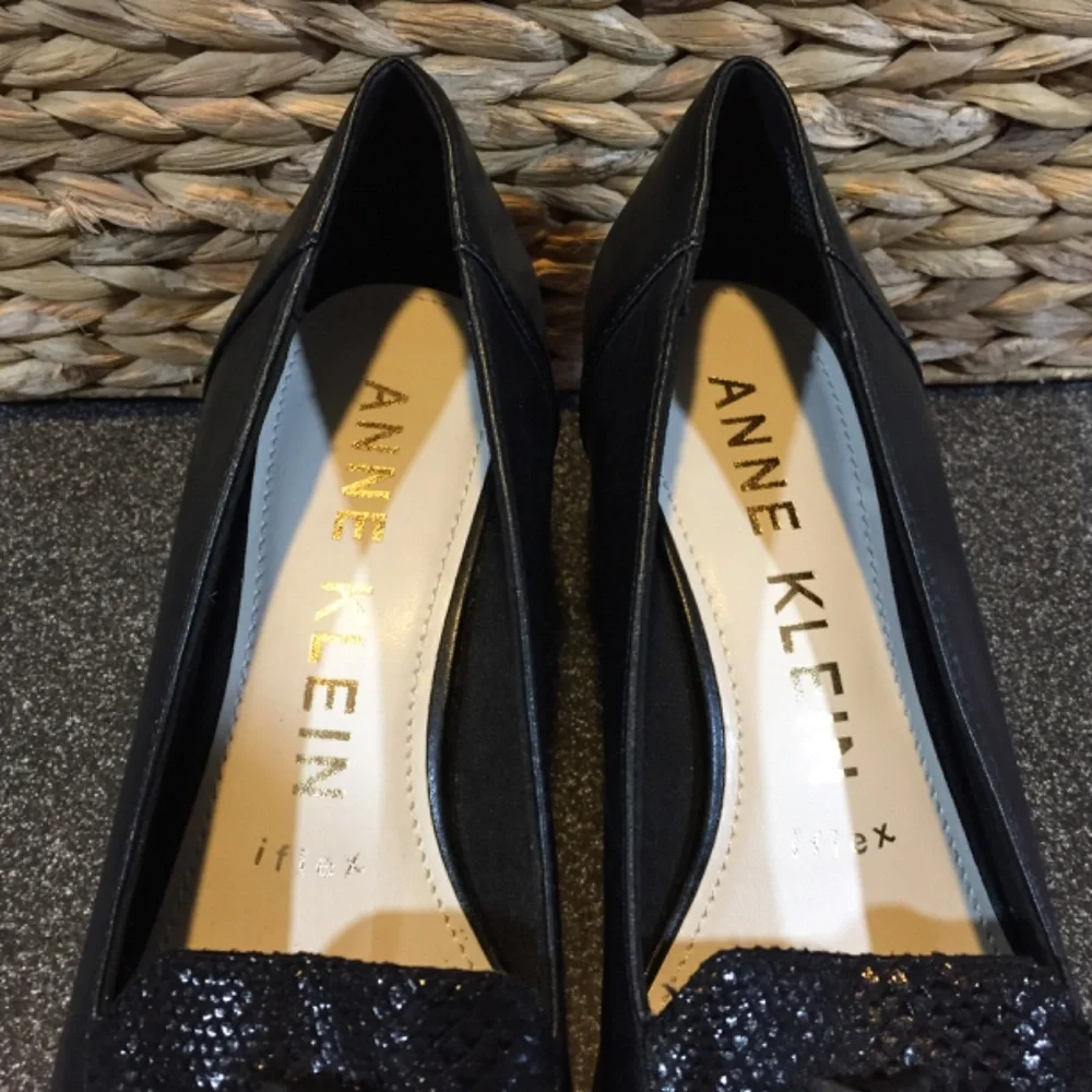 Anne Klein Iflex Black Leather Heeled Loafers with Tassel & Patent Detail